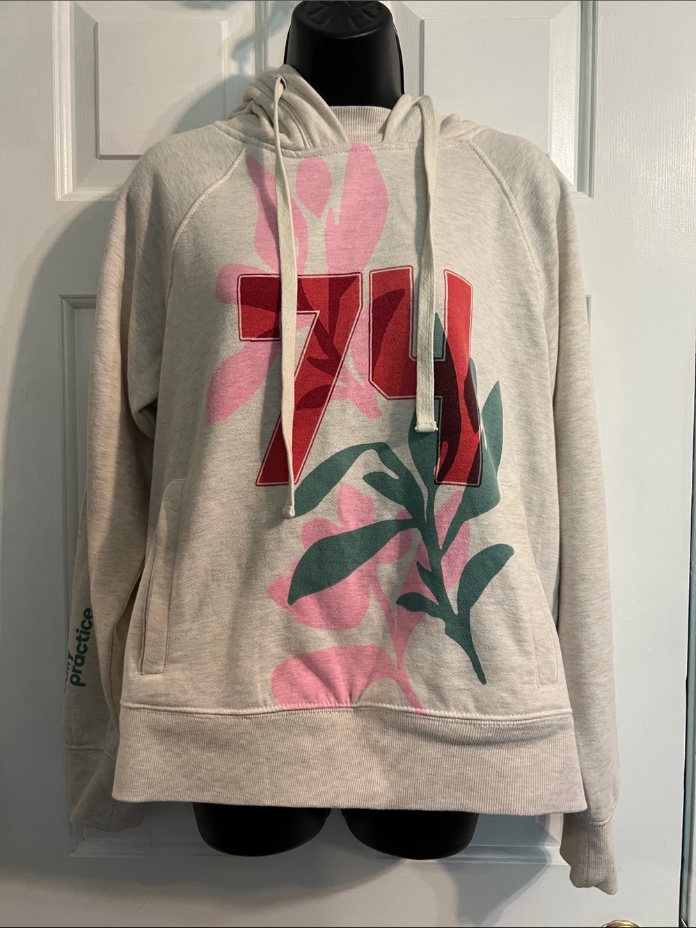 Daily Practice Ivory Floral Graphic Crewneck Hoodie with Pink & Green Accents